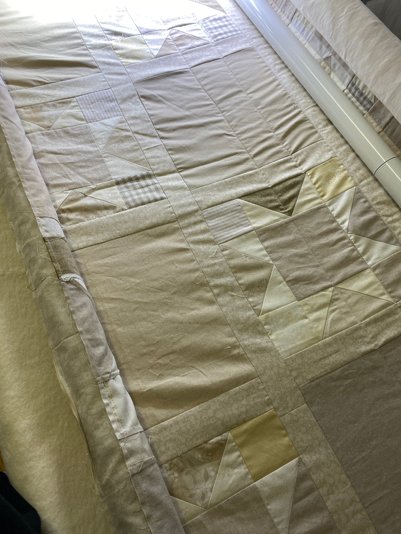 long-arming the Neutral king or queen quilt, handmade, heirloom quality with cotton/linen fabric and cotton/wool batting