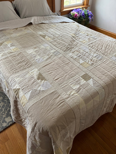 Neutral king or queen quilt, handmade, heirloom quality with cotton/linen fabric and cotton/wool batting