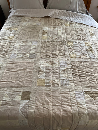 Neutral king or queen quilt, handmade, heirloom quality with cotton/linen fabric and cotton/wool batting