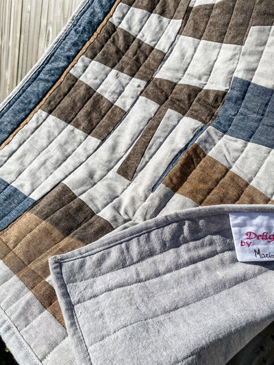 Modern, Heirloom, handmade, patchwork, baby size 27"x30", grey, brown, blue, cotton linen fabric, cotton polyester batting, straight line top quilting, embroidered tag quilt